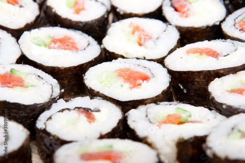 Sushi rolls on a mat