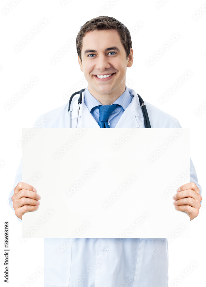Happy doctor with signboard, isolated on white Happy doctor with signboard, isolated on white