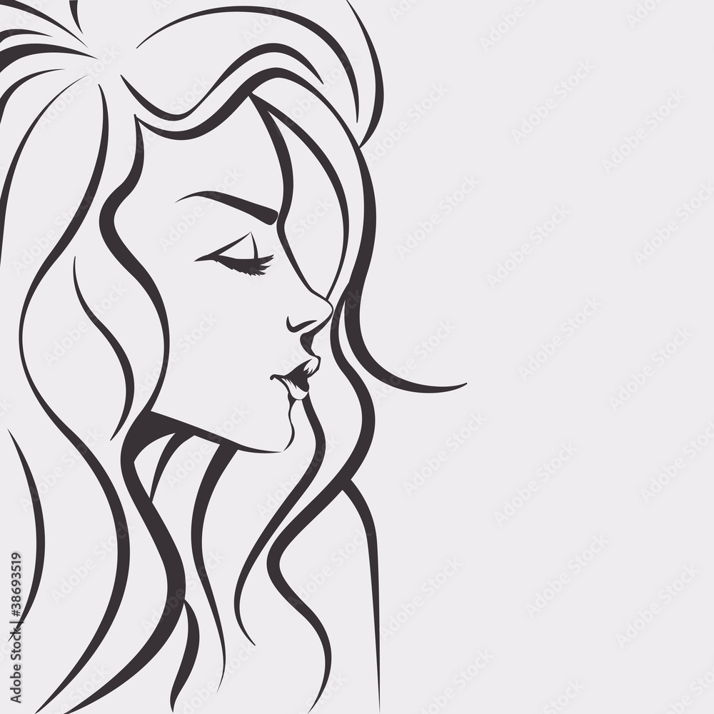 Beautiful woman face sketch - Day dreaming girl with long hair