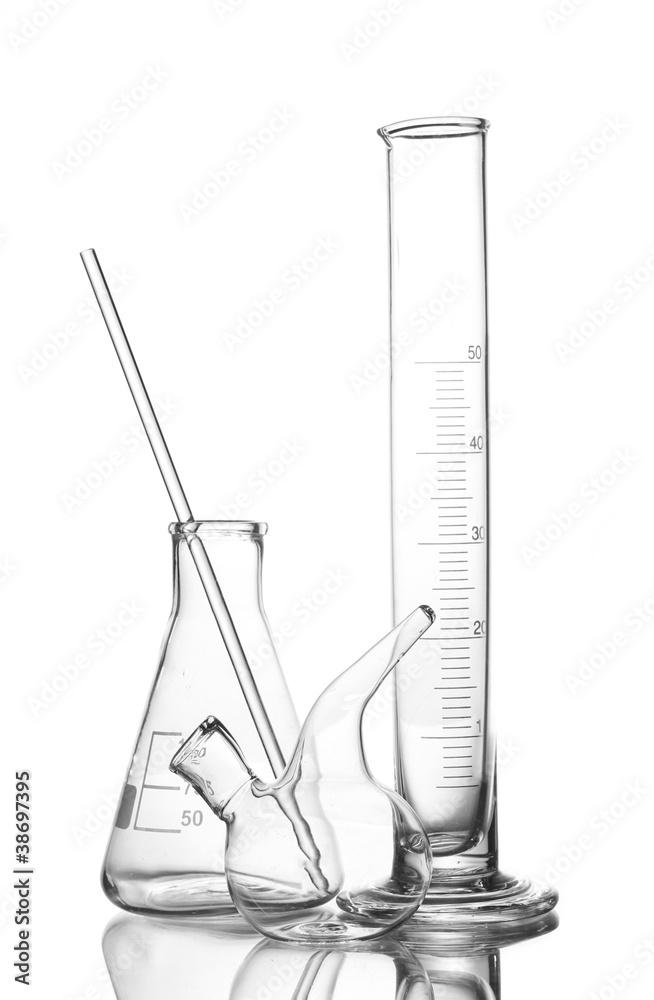 Three empty laboratory glassware with reflection isolated Three empty laboratory glassware with reflection isolated
