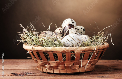 quail eggs in nest on wooden table on brown background