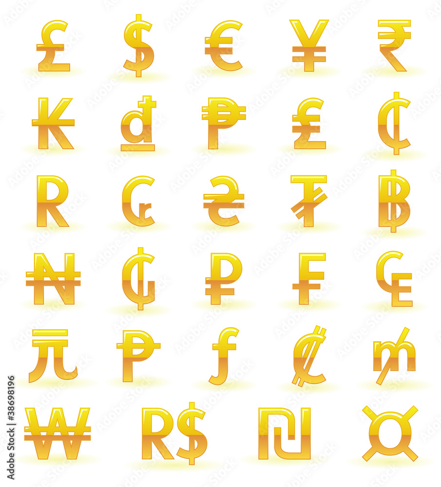Golden currency symbols of the world