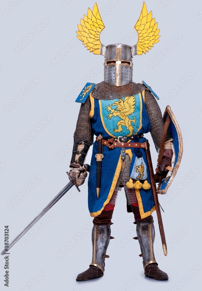 Fototapeta premium Medieval knight isolated on grey background.