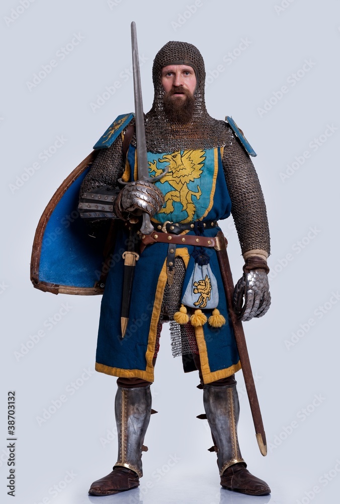 Medieval knight isolated on grey background.