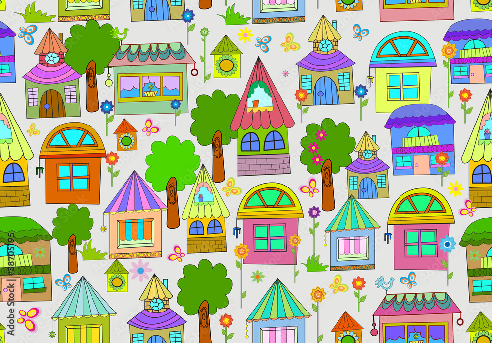 Seamless color background with cute houses