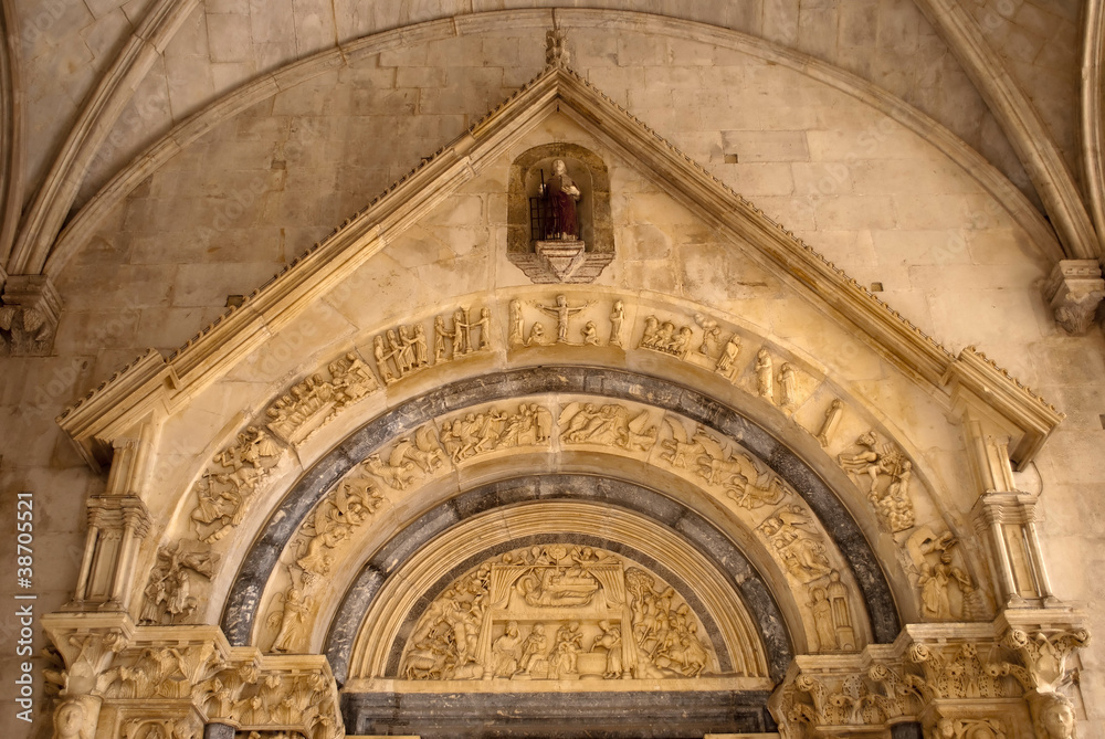 decoration on cathedral in trogir, croatia