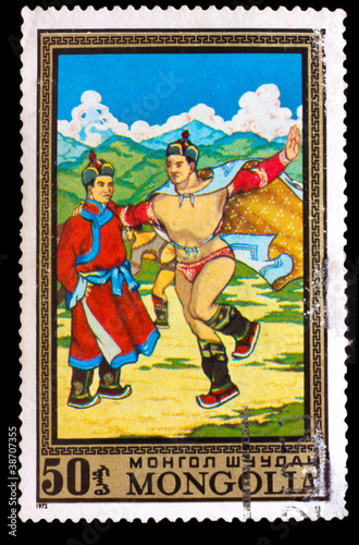 MONGOLIA - CIRCA 1972: A stamp printed by MONGOLIA , Two men dan