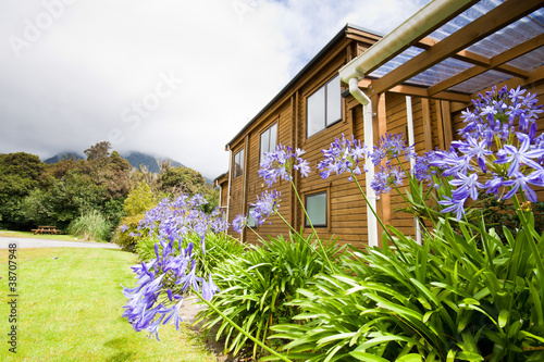 Mountain lodge exterior, Fox Glacier Lodge in New Zealand.