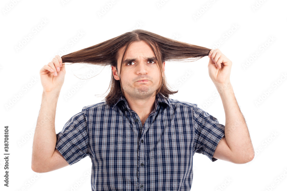 Funny man showing his long hair Funny man showing his long hair