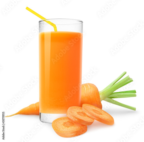 Isolated carrots. Carrot juice and slices of fresh fruit isolated on white background
