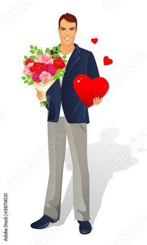 Vector illustration of Man with bouquet of roses