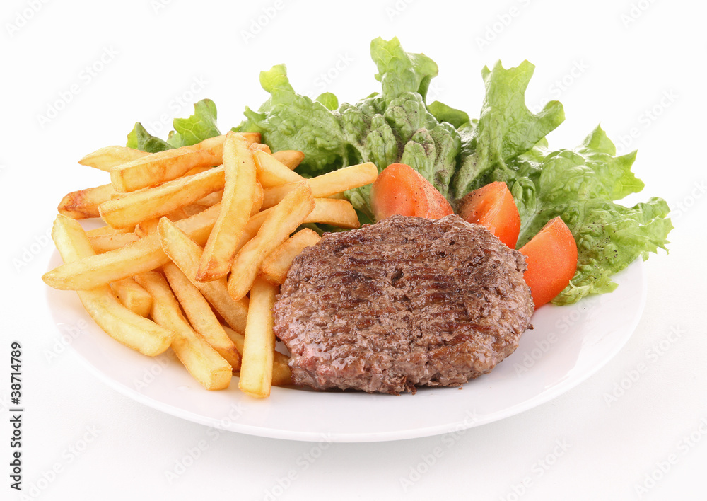 steak, french fried and salad steak, french fried and salad