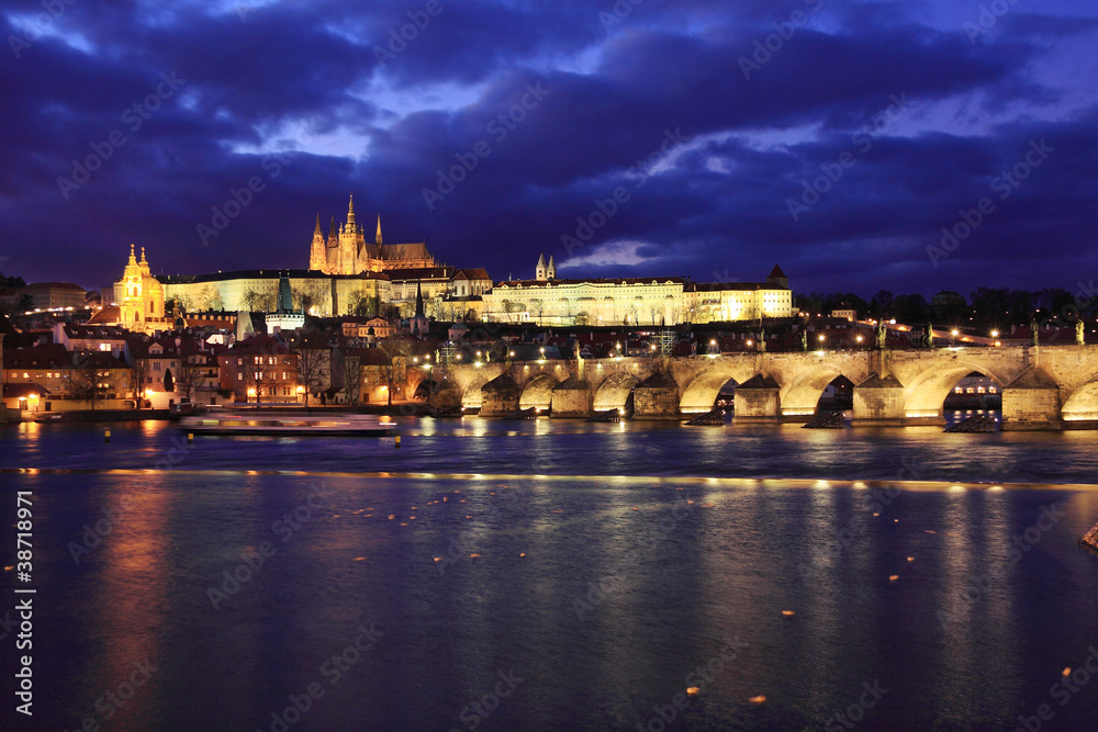 Prague gothic Castle with Charles Bridge in the Night