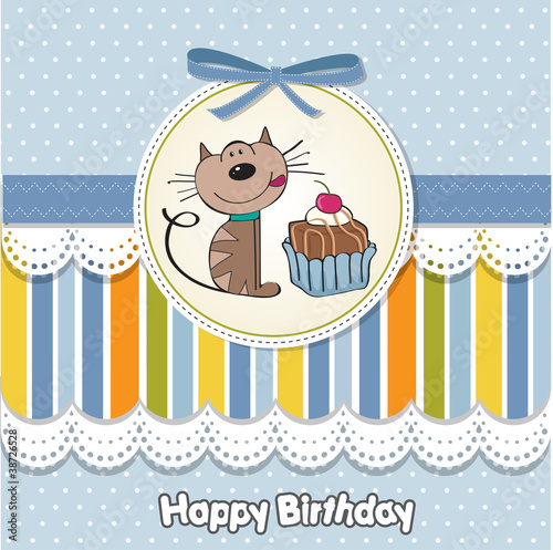 birthday greeting card with a cat waiting to eat a cake