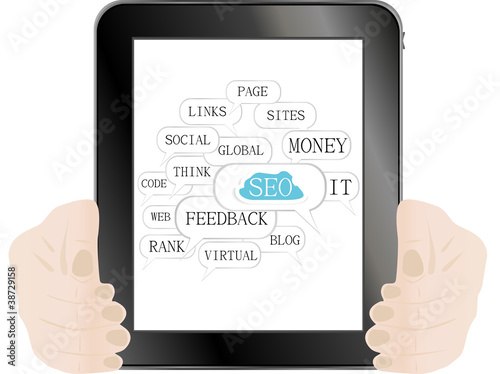 tablet pc with SEO sign and tags on optimization theme