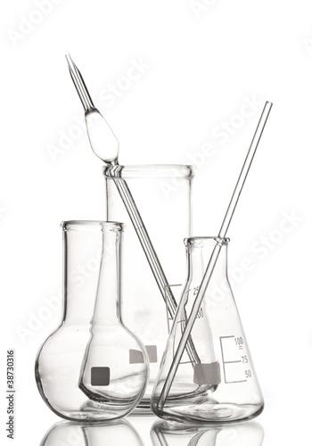 Three empty laboratory glassware with reflection isolated © Africa Studio