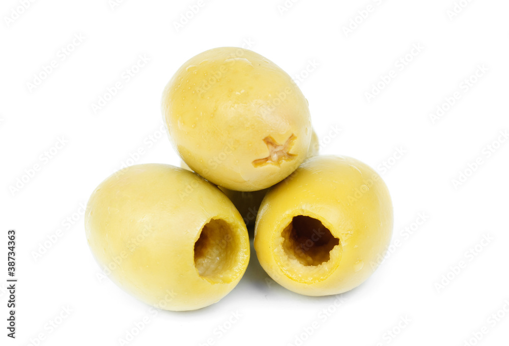 Some pitted olives isolated on the white background Some pitted olives isolated on the white background