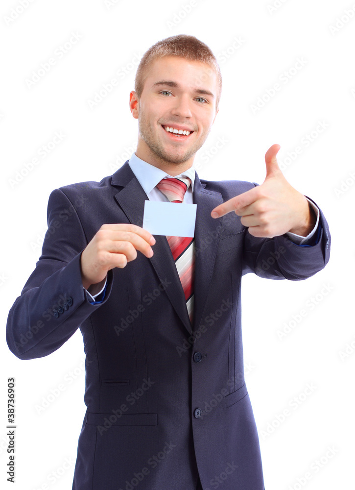 Young business man showing business card isolated on white Young business man showing business card isolated on white