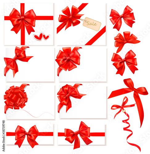 Collection of red bows with ribbons. Vector.