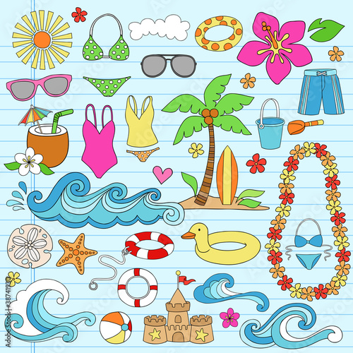 Summer Vacation Hawaiian Beach Doodles Vector