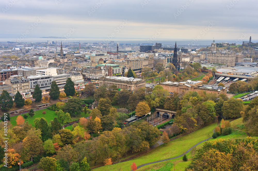 Edinburgh, View on city over Princes Street Gardens, Scotland
