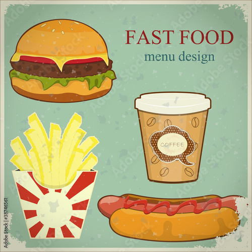 vintage fast food menu - the food on blue grunge background