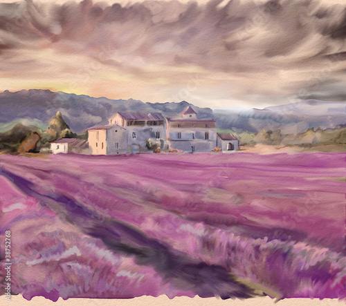 Lavender field in Provence. Watercolor painting