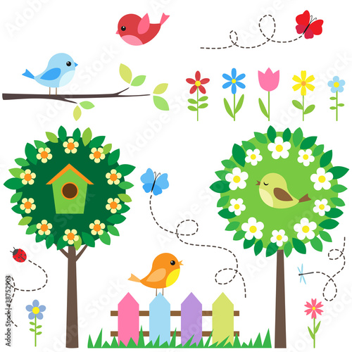 Garden set with birds, blooming trees, flowers and insects.
