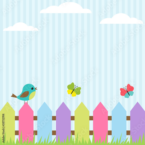 Background with bird and flying butterflies