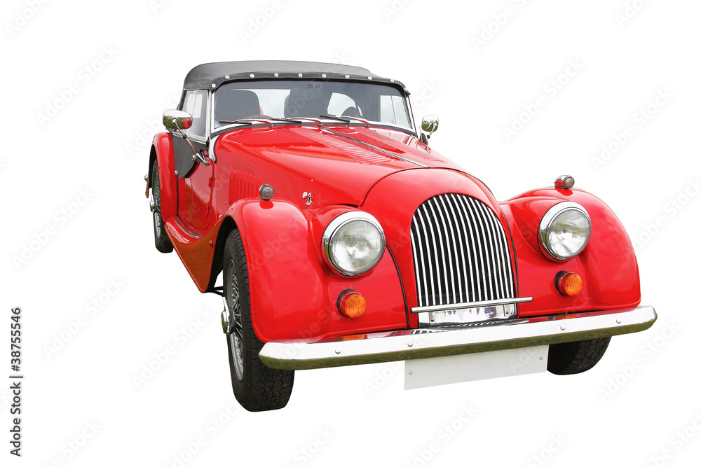 Red classic vintage car isolated on white background
