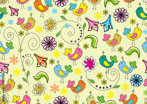 Seamless floral color background with cute cartoon birds
