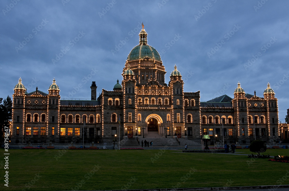 Night falls over the illuminated Provincial House (Parliament) o