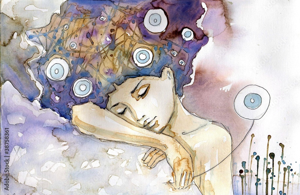 kobieta która śpi na swoim ramieniu - obrazy, fototapety, plakaty 
