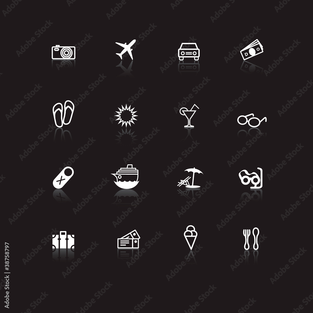 White travel icons on black White travel icons on black