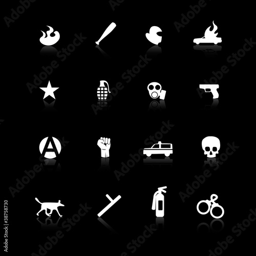 White riot icons on black background with reflections