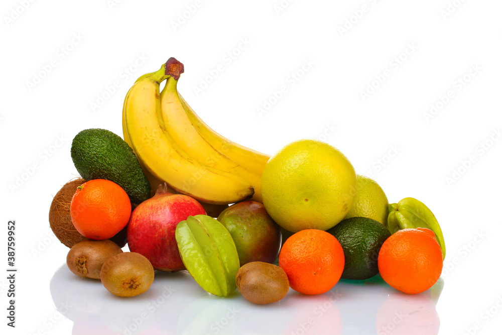 Assortment of exotic fruits isolated on white Assortment of exotic fruits isolated on white