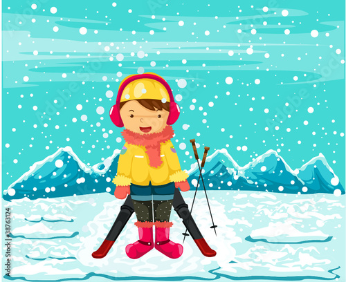 illustration of landscape girl skiing