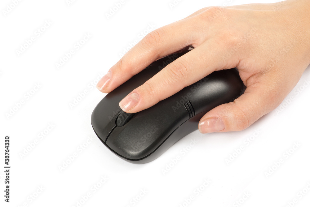 computer mouse with hand over white computer mouse with hand over white