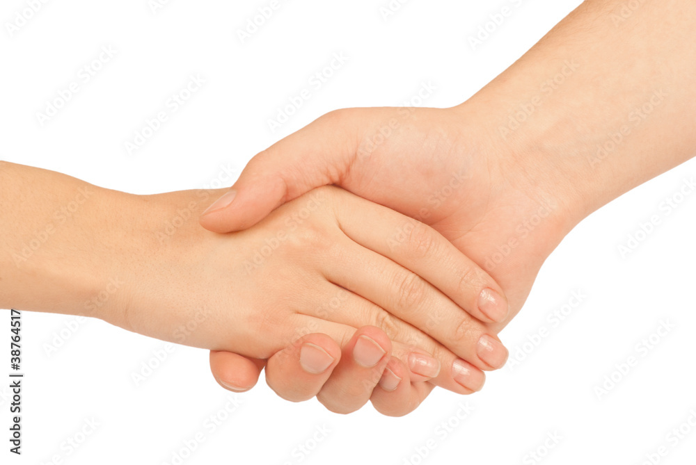 Shaking hands of two people, man and woman, isolated on white.