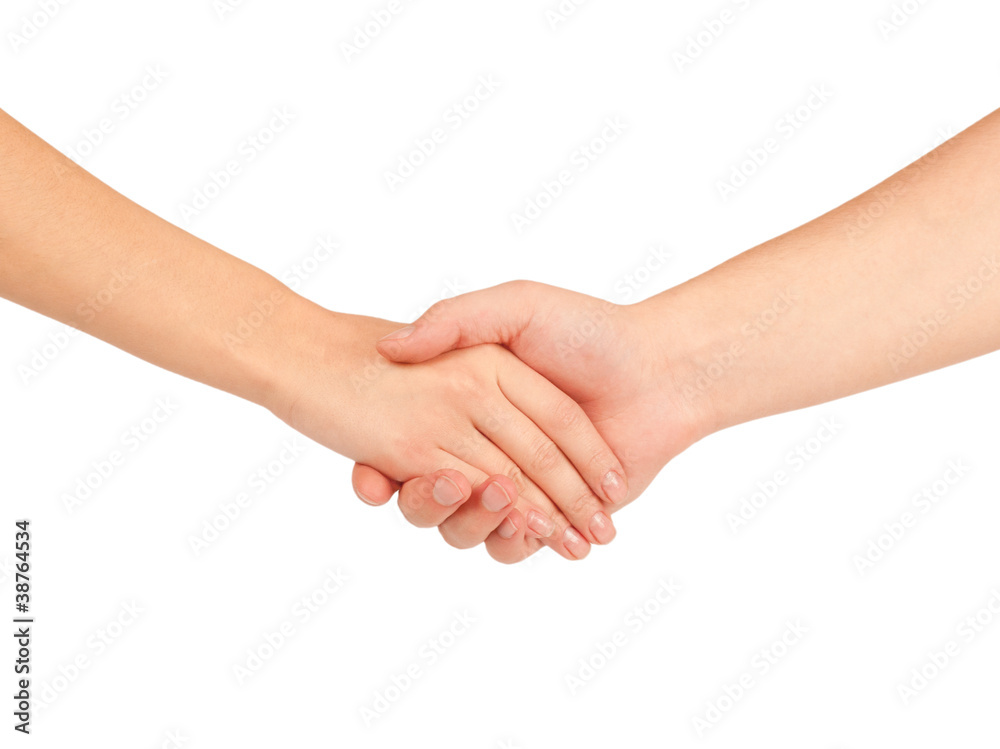 Shaking hands of two people, man and woman, isolated on white.