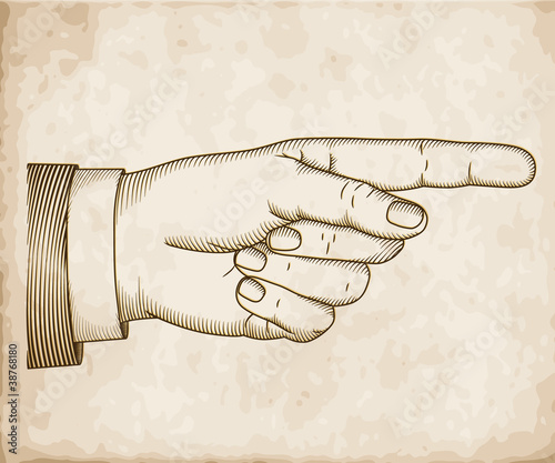 Hand with pointing finger on old paper. Illustration.