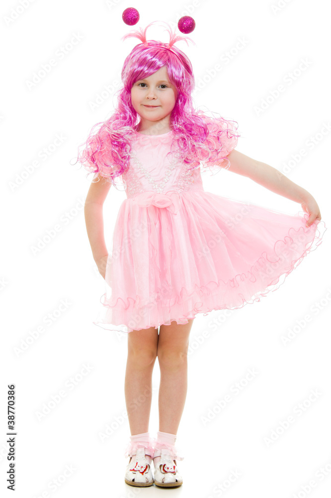 A girl with pink hair in a pink dress on a white background.