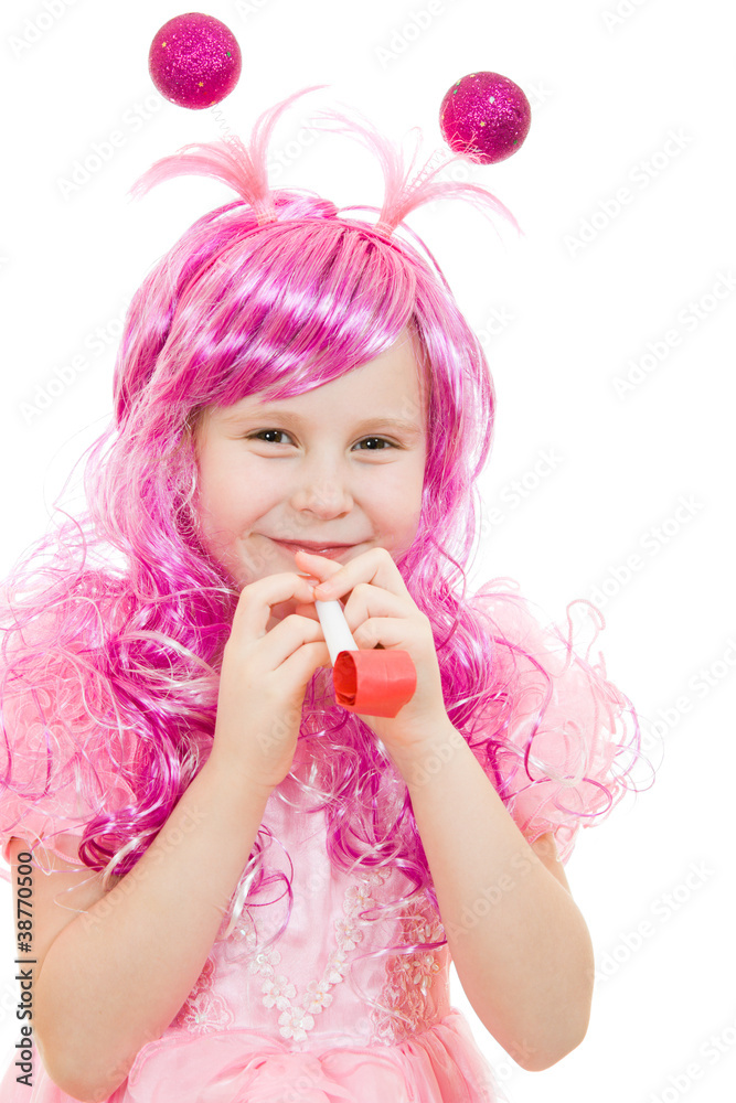 A girl with pink hair in a pink dress blowing a whistle A girl with pink hair in a pink dress blowing a whistle