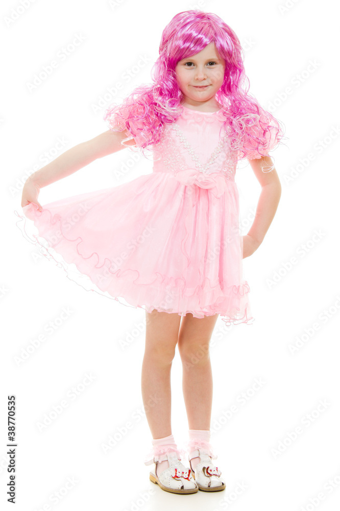 A girl with pink hair in a pink dress on a white background.