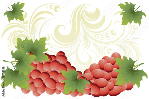 Red wine - red grapes on golden floral background