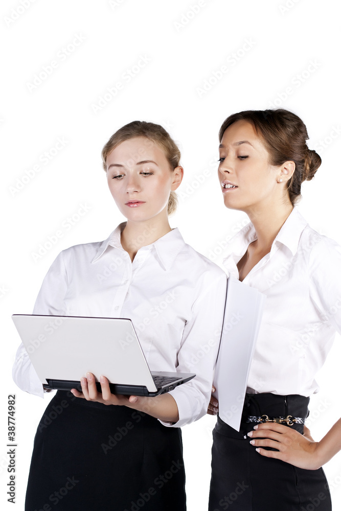 Two cheerful businesswoman have a conversation Two cheerful businesswoman have a conversation