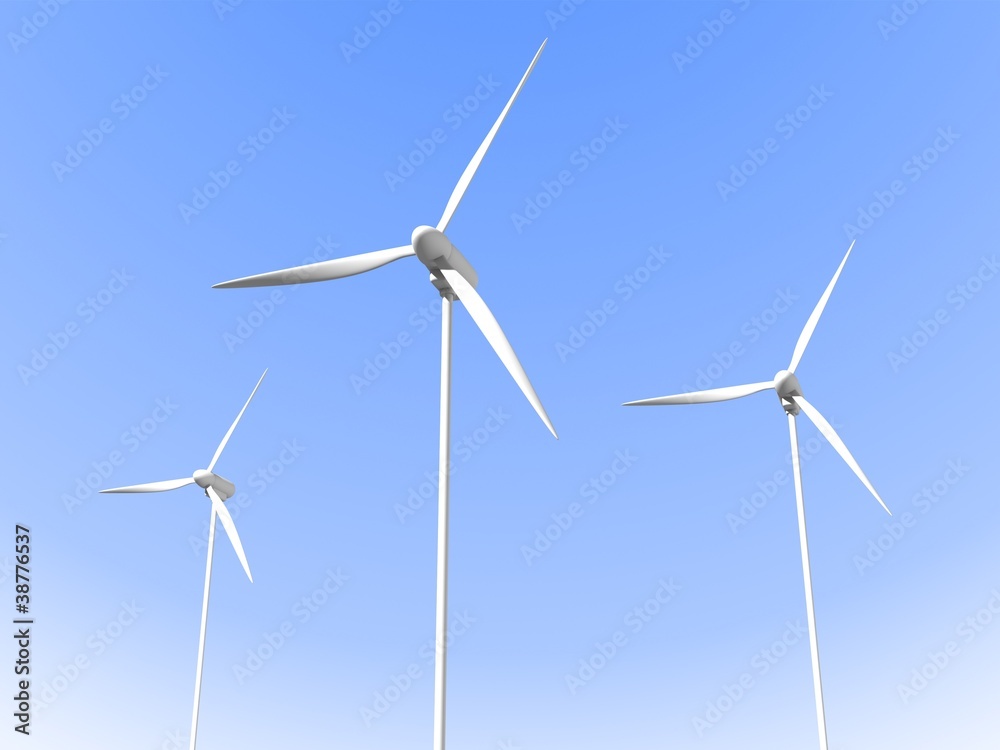Modern white wind turbines or wind energy mills Modern white wind turbines or wind energy mills