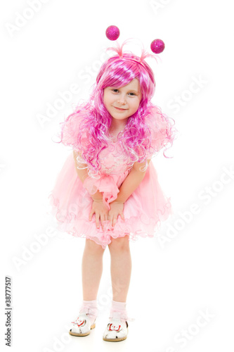 A girl with pink hair in a pink dress on a white background.