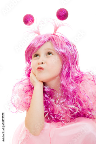 A girl with pink hair in a pink dress