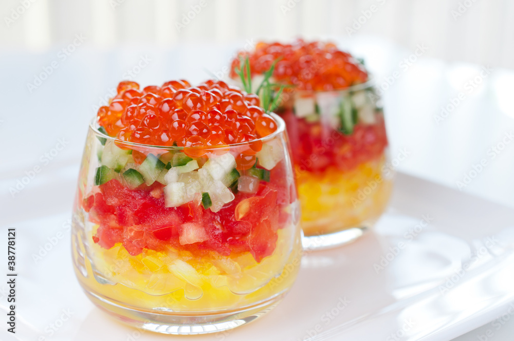 Caviar with vegetable in glasses Caviar with vegetable in glasses